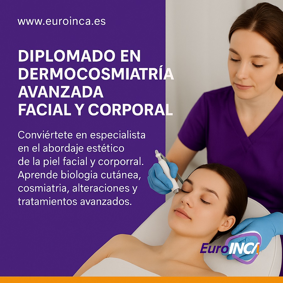 Imagen promocional del Diplomado en Dermocosmiatría Avanzada Facial y Corporal de EuroINCA, mostrando una profesional aplicando tratamiento facial con equipo estético, colores institucionales violeta y naranja, y texto informativo del curso.