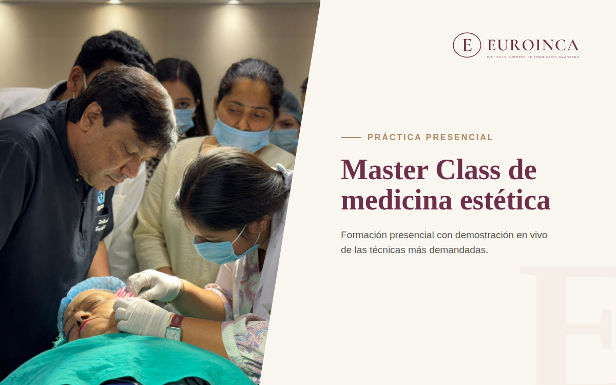 Demostración práctica en vivo de técnica de medicina estética facial durante un Master Class de EUROINCA